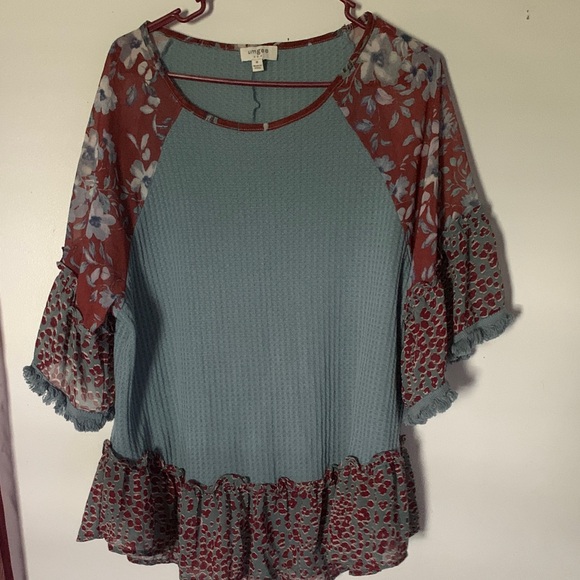 Umgee Teal and Burgundy Floral Blouse - Picture 1 of 6